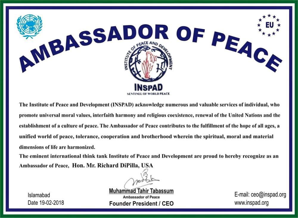 International-reputed-think-tank-Institute-of-Peace-and-Development-INSPAD-announced-Richard-DiPilla-Founder-Global-Goodwill-Ambassadors-GGA-as-new-Ambassador-of-Peace